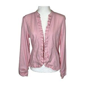 LIVE A LITTLE Pink White Stripe Ruffle Trim Blazer Fitted Size Medium